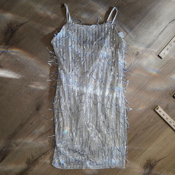 NWT Francesca's Champagne Sleeveless Sheer Net Fringe Sequin Party Club Dress S - Picture 6 of 11